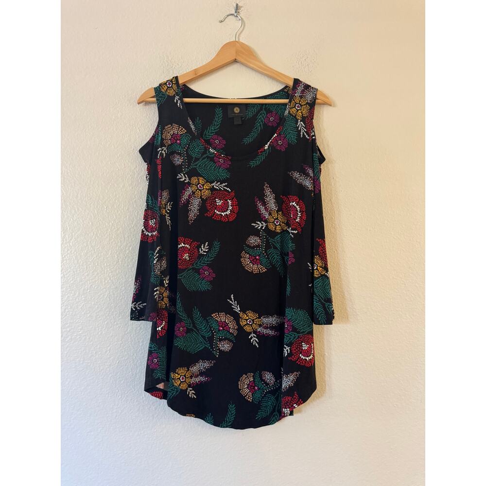 JM Collection Floral Cold Shoulder Tunic Top S Black Multi Scoop Neck 3/4 Sleeve